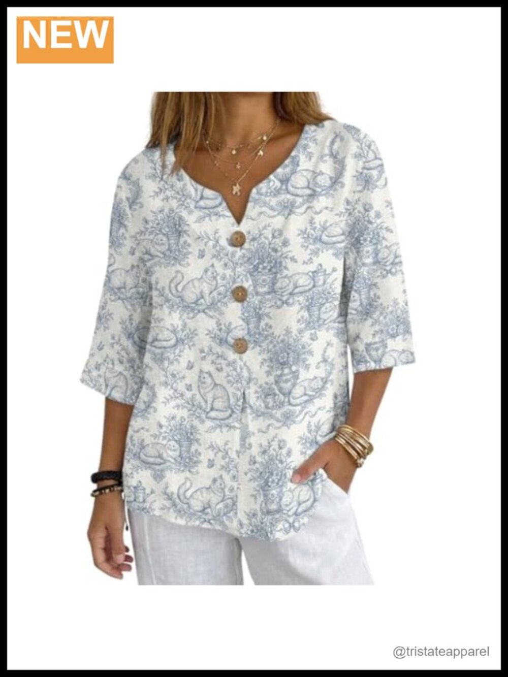 Linen V-Neck Button-Down 3/4 Sleeve Blouse Loose Fit Summer Top